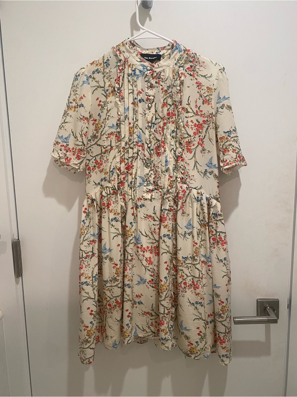 The Kooples Cream Floral Pleated Dress with Blue Bird Motif